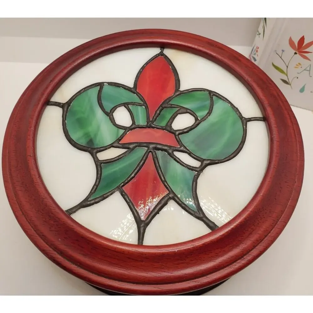 Vintage Clarity Round Cherry Stained Stained Glass Trinket Jewerly Box 7.5 Inch